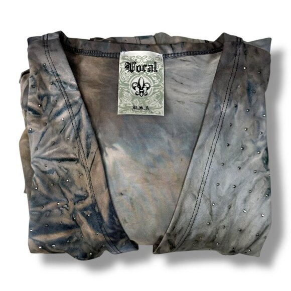 Vocal Cardigan Womens Sz S Brown/Blue Tie-Dye Open Rhinestone Studded Hi-Low LS - Picture 2 of 7